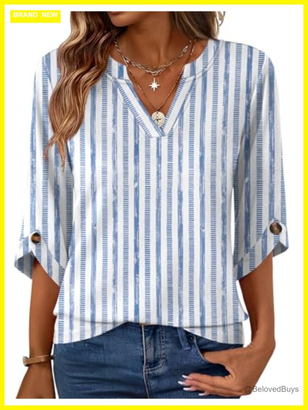 3/4 Sleeve V-Neck Tunic Blouse Business Casual Stretch